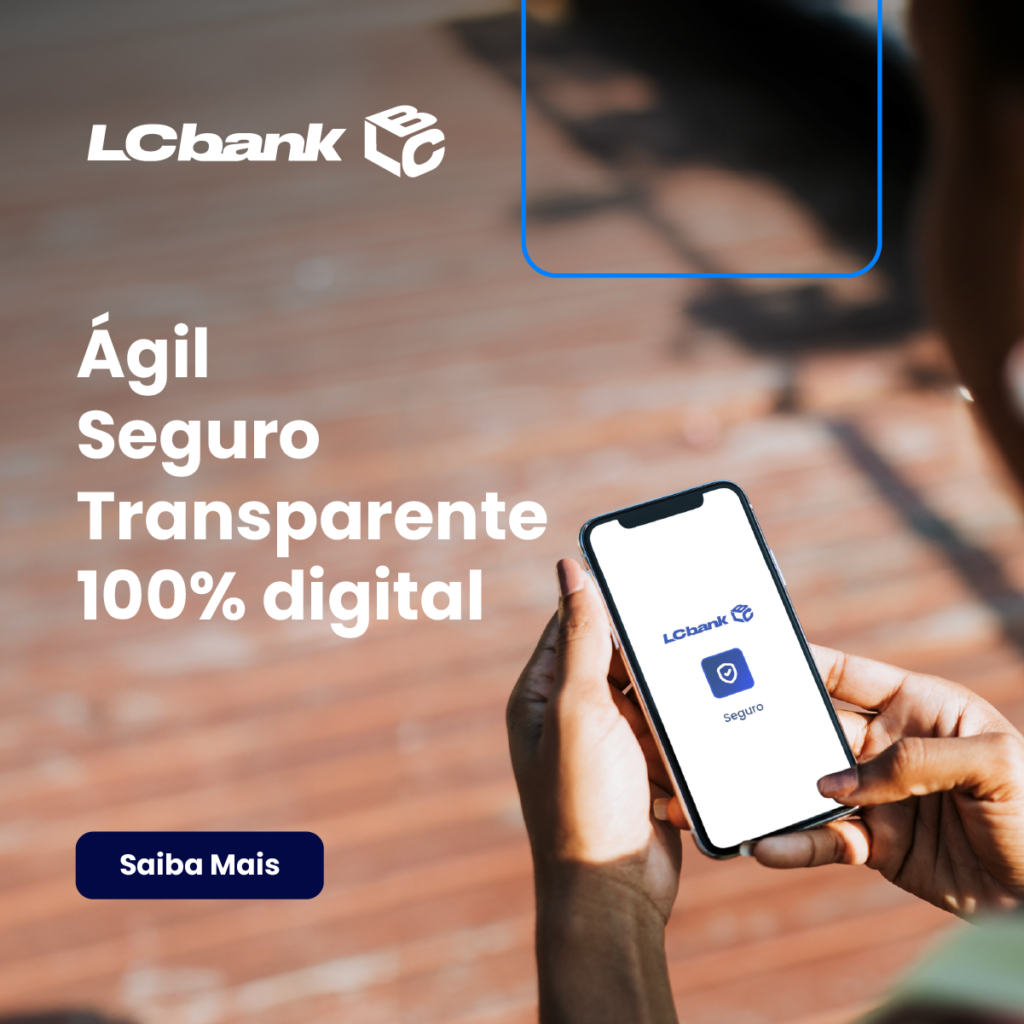 Logo LCbank e texto "Ágil Seguro Transparente 100% digital" em tela de celular.